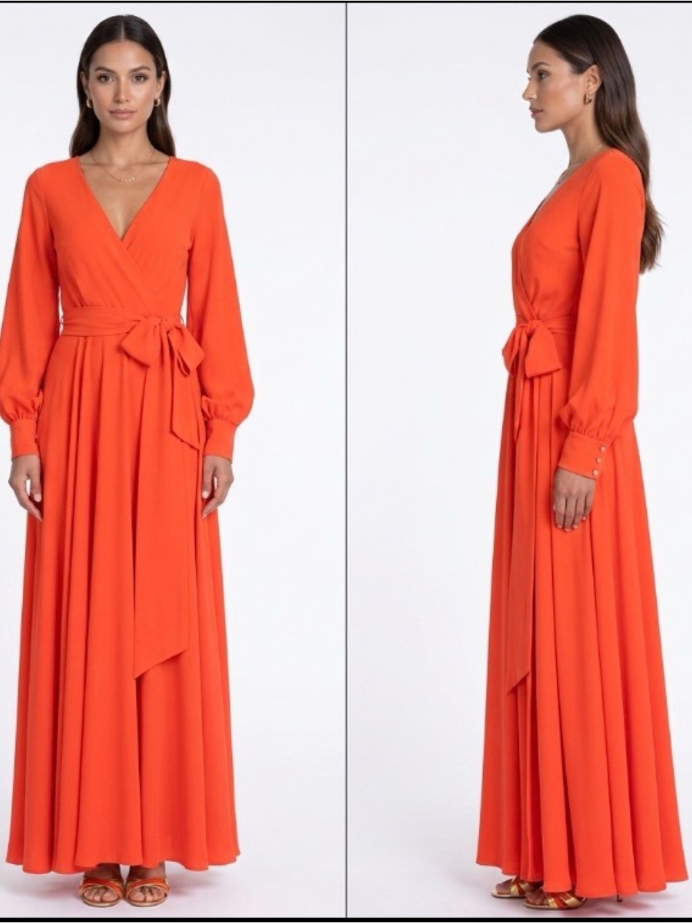 Elegant Vibrant Orange USA Made Flowy Boho Tie Waist Romantic Maxi Dress Size S